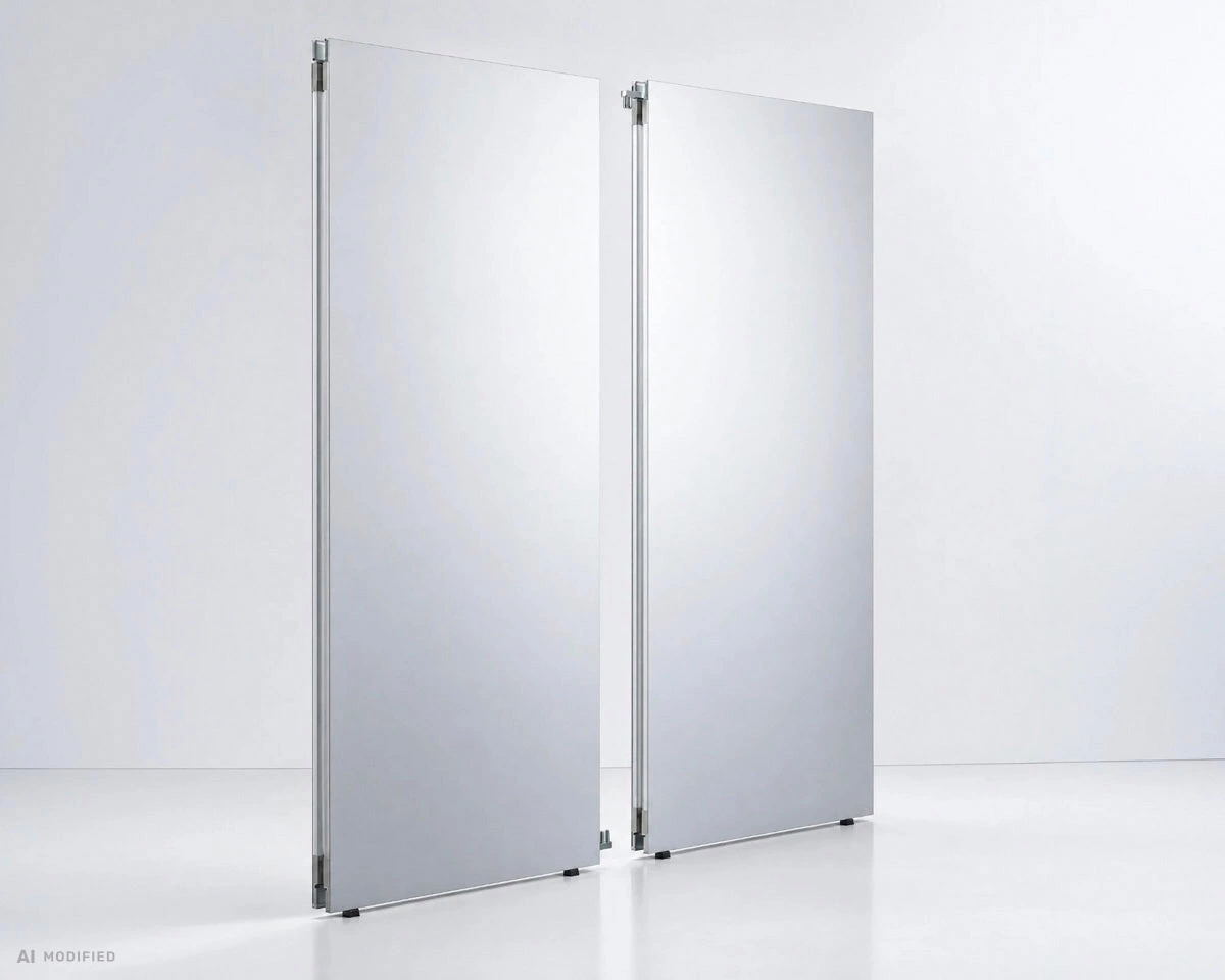 Zwei frei stehende Mila-wall Module mit Aluminiumrahmen, Verbindern und Stellfüßen