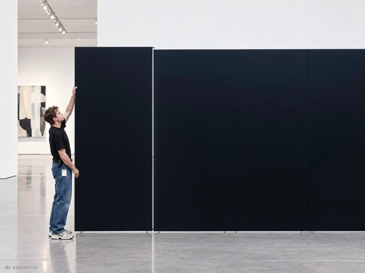 Ein Mitarbeiter stellt in einem Ausstellungssaal ein schwarzes Wandmodul an eine Reihe stehender Module